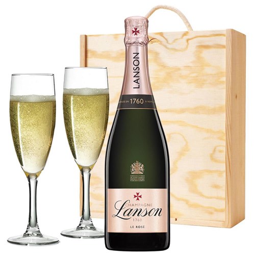 Lanson Le Rose Label Champagne 75cl And Flutes In Pine Wooden Gift Box
